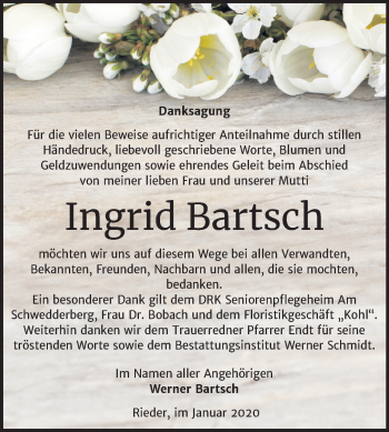 Traueranzeige von Ingrid Bartsch von Mitteldeutsche Zeitung Quedlinburg