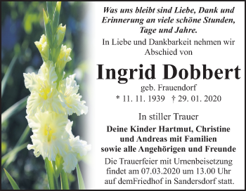 Traueranzeige von Ingrid Dobbert von Mitteldeutsche Zeitung Bitterfeld