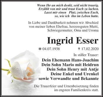 Traueranzeige von Ingrid Esser von Mitteldeutsche Zeitung Wittenberg