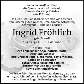 Traueranzeige von Ingrid Fröhlich von Super Sonntag Weißenfels
