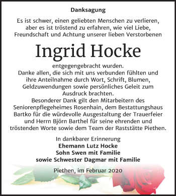 Traueranzeige von Ingrid Hocke von Mitteldeutsche Zeitung Köthen