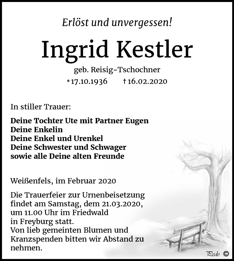  Traueranzeige für Ingrid Kestler vom 26.02.2020 aus Wochenspiegel Weißenfels