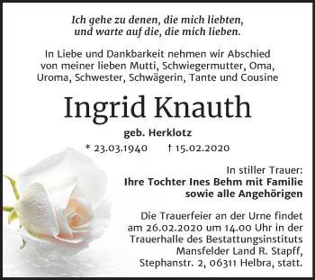 Traueranzeige von Ingrid Knauth von Mitteldeutsche Zeitung Mansfelder Land