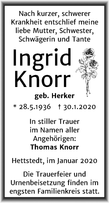 Traueranzeige von Ingrid Knorr von Mitteldeutsche Zeitung Mansfelder Land