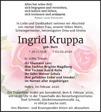Traueranzeige von Ingrid Kruppa von Mitteldeutsche Zeitung Naumburg/Nebra