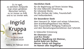 Traueranzeige von Ingrid Kruppa von Mitteldeutsche Zeitung Naumburg/Nebra