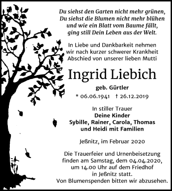 Traueranzeige von Ingrid Liebich von Wochenspiegel Bitterfeld