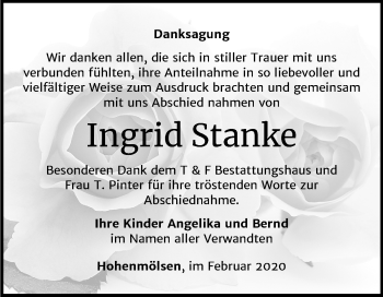 Traueranzeige von Ingrid Stanke von Mitteldeutsche Zeitung Weißenfels