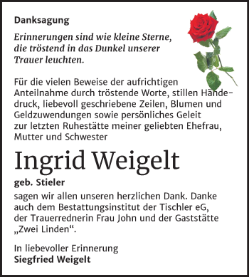 Traueranzeige von Ingrid Weigelt von Super Sonntag Wittenberg