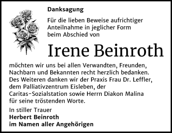 Traueranzeige von Irene Beinroth von Super Sonntag Mansfelder Land