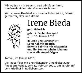 Traueranzeige von Irene Bieda von Super Sonntag Dessau-Roßlau