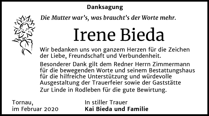  Traueranzeige für Irene Bieda vom 22.02.2020 aus Mitteldeutsche Zeitung Dessau-Roßlau