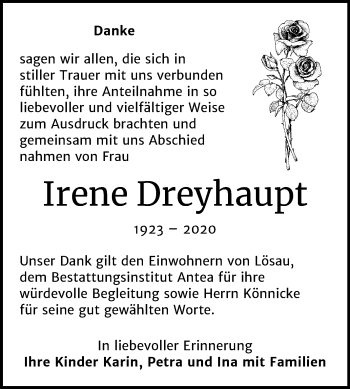 Traueranzeige von Irene Dreyhaupt von Mitteldeutsche Zeitung Weißenfels