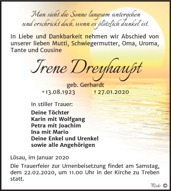 Traueranzeige von Irene Dreyhaupt von Wochenspiegel Weißenfels