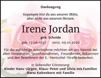 Traueranzeige von Irene Jordan von Wochenspiegel Weißenfels