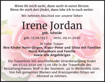 Traueranzeige von Irene Jordan von Mitteldeutsche Zeitung Weißenfels