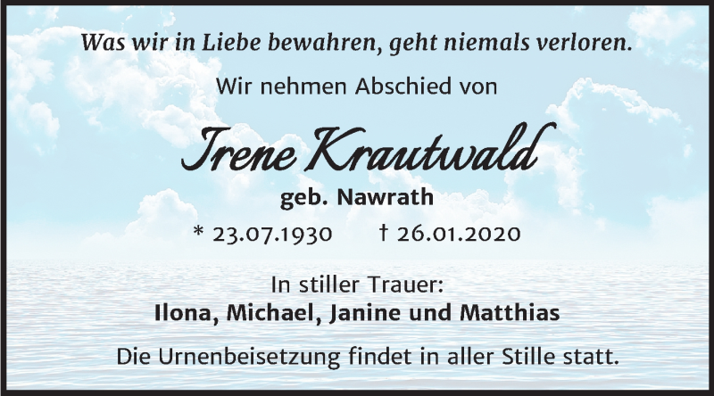  Traueranzeige für Irene Krautwald vom 01.02.2020 aus Super Sonntag Merseburg/Querfurt