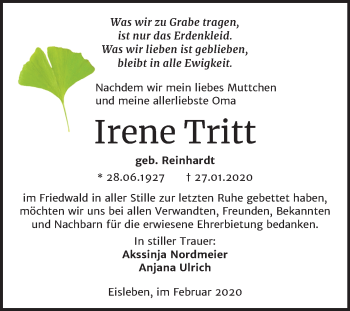 Traueranzeige von Irene Tritt von Mitteldeutsche Zeitung Mansfelder Land