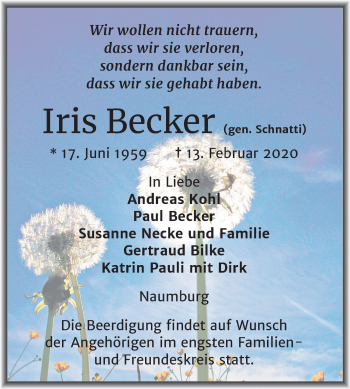 Traueranzeige von Iris Becker von Mitteldeutsche Zeitung Naumburg/Nebra