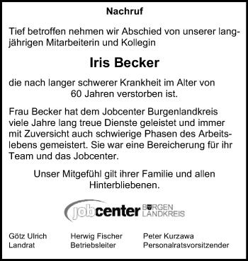 Traueranzeige von Iris Becker von Mitteldeutsche Zeitung Weißenfels / Zeitz / Naumburg/Nebra