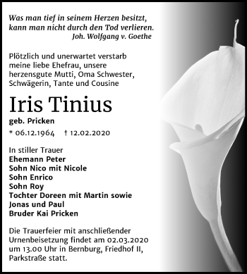 Traueranzeige von Iris Tinius von Super Sonntag Bernburg