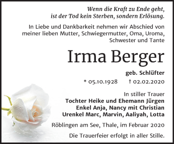 Traueranzeige von Irma Berger von Wochenspiegel Mansfelder Land