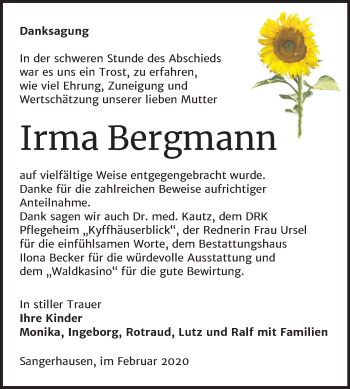 Traueranzeige von Irma Bergmann von Mitteldeutsche Zeitung Sangerhausen