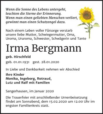 Traueranzeige von Irma Bergmann von Super Sonntag Sangerhausen