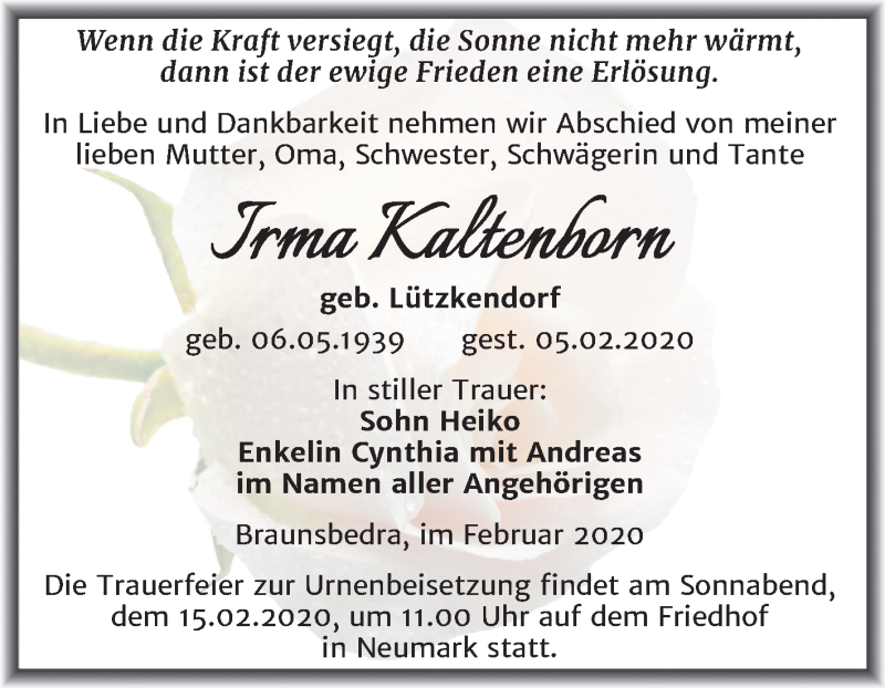 Traueranzeige für Irma Kaltenborn vom 08.02.2020 aus Mitteldeutsche Zeitung Merseburg/Querfurt