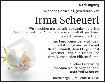 Traueranzeige von Irma Scheuerl von Super Sonntag Wittenberg