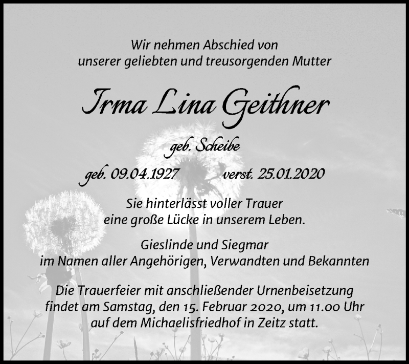  Traueranzeige für Irma Lina Geithner vom 01.02.2020 aus Mitteldeutsche Zeitung Zeitz