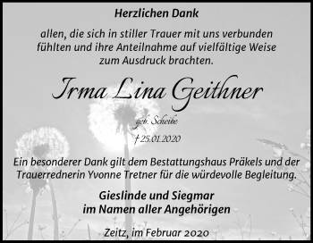 Traueranzeige von Irma Lina Geithner von Super Sonntag Zeitz