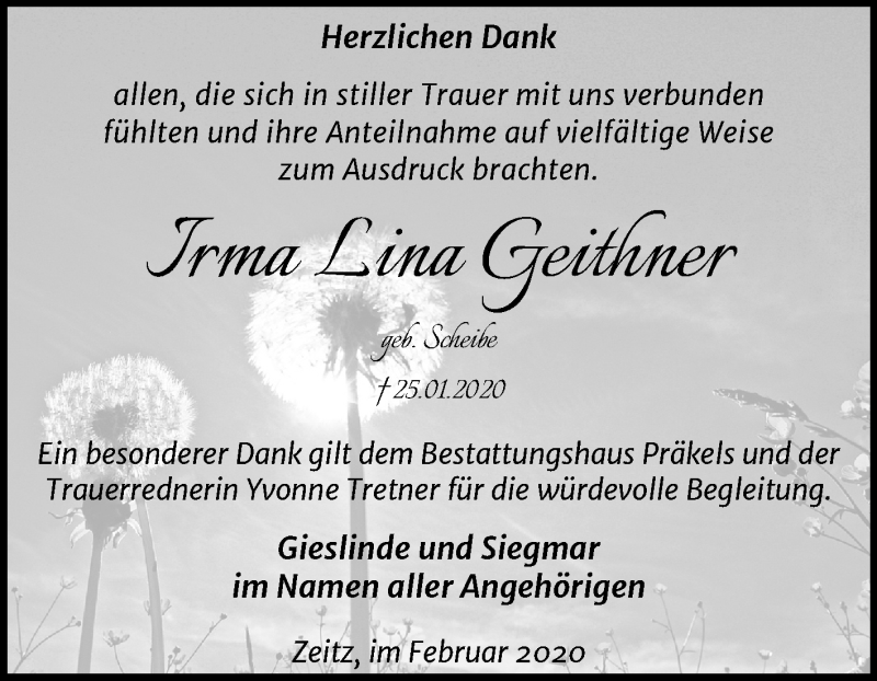  Traueranzeige für Irma Lina Geithner vom 22.02.2020 aus Mitteldeutsche Zeitung Zeitz
