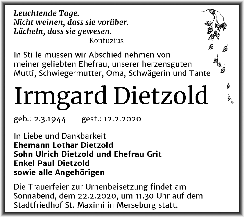  Traueranzeige für Irmgard Dietzold vom 15.02.2020 aus Mitteldeutsche Zeitung Merseburg/Querfurt