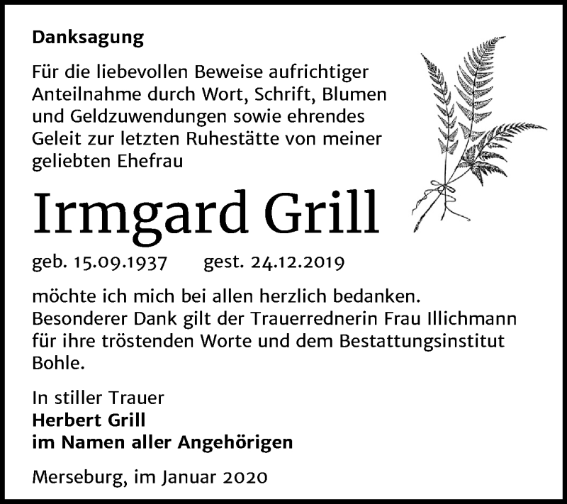  Traueranzeige für Irmgard Grill vom 01.02.2020 aus Mitteldeutsche Zeitung Merseburg/Querfurt