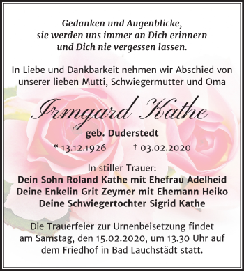 Traueranzeige von Irmgard Kathe von Super Sonntag Merseburg/Querfurt