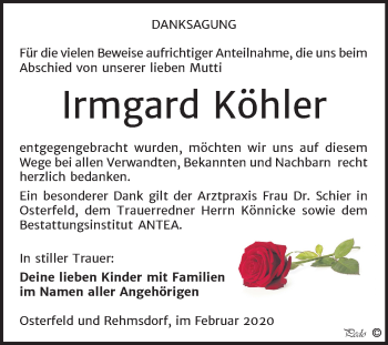 Traueranzeige von Irmgard Köhler von Super Sonntag Zeitz