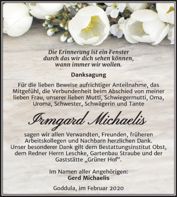 Traueranzeige von Irmgard Michaelis von Mitteldeutsche Zeitung Merseburg/Querfurt