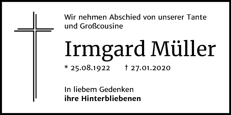  Traueranzeige für Irmgard Müller vom 01.02.2020 aus Super Sonntag Zeitz