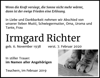Traueranzeige von Irmgard Richter von Wochenspiegel Weißenfels