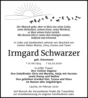 Traueranzeige von Irmgard Schwarzer von Mitteldeutsche Zeitung Naumburg/Nebra