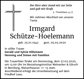 Traueranzeige von Irmgard Schütze-Hoelemann von Super Sonntag Bernburg