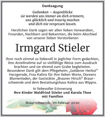 Traueranzeige von Irmgard Stieler von Mitteldeutsche Zeitung Mansfelder Land / Quedlinburg