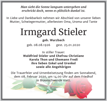 Traueranzeige von Irmgard Stieler von Super Sonntag Mansfelder Land