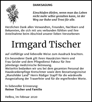 Traueranzeige von Irmgard Tischer von Super Sonntag Mansfelder Land