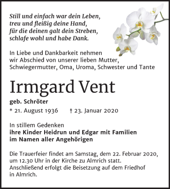 Traueranzeige von Irmgard Vent von Wochenspiegel Naumburg/Nebra