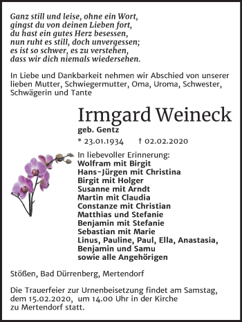 Traueranzeige von Irmgard Weineck von Wochenspiegel Naumburg/Nebra