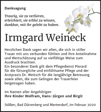 Traueranzeige von Irmgard Weineck von Wochenspiegel Naumburg/Nebra