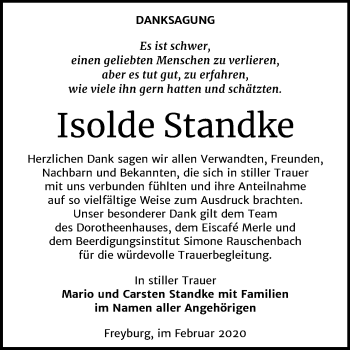 Traueranzeige von Isolde Standke von Wochenspiegel Naumburg/Nebra