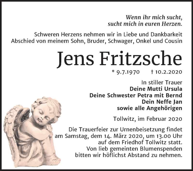  Traueranzeige für Jens Fritzsche vom 22.02.2020 aus Mitteldeutsche Zeitung Merseburg/Querfurt